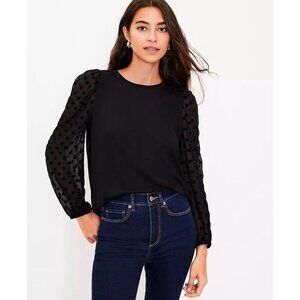 LOFT Ann Taylor Velvet Dot Ruffles Top Sz M Blouse Black Boho Casual Party Goth